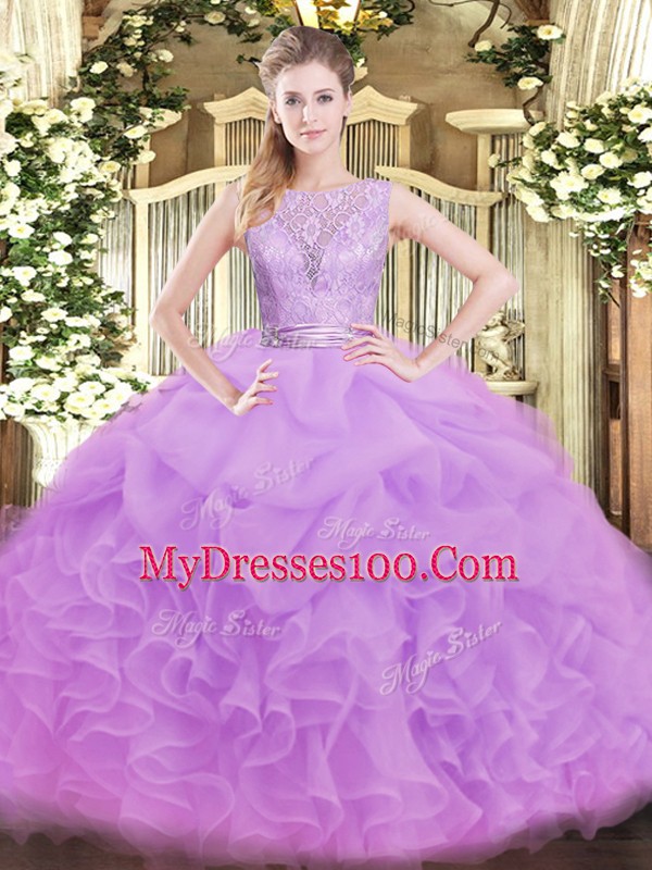 Discount Lilac Ball Gowns Organza Scoop Sleeveless Lace and Ruffles Floor Length Backless Ball Gown Prom Dress