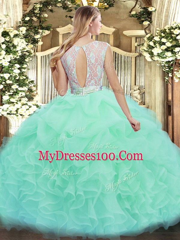 Discount Lilac Ball Gowns Organza Scoop Sleeveless Lace and Ruffles Floor Length Backless Ball Gown Prom Dress