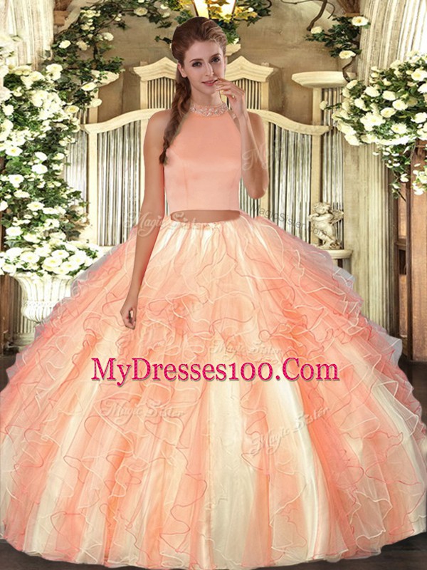 Cute Orange Red Backless Quinceanera Dress Beading and Ruffles Sleeveless Floor Length