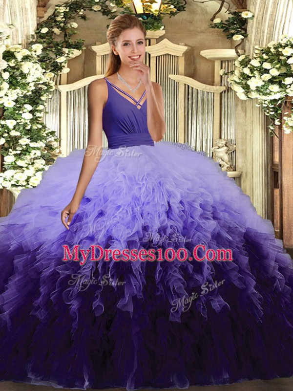 Multi-color Organza Backless V-neck Sleeveless Floor Length Quinceanera Dresses Ruffles