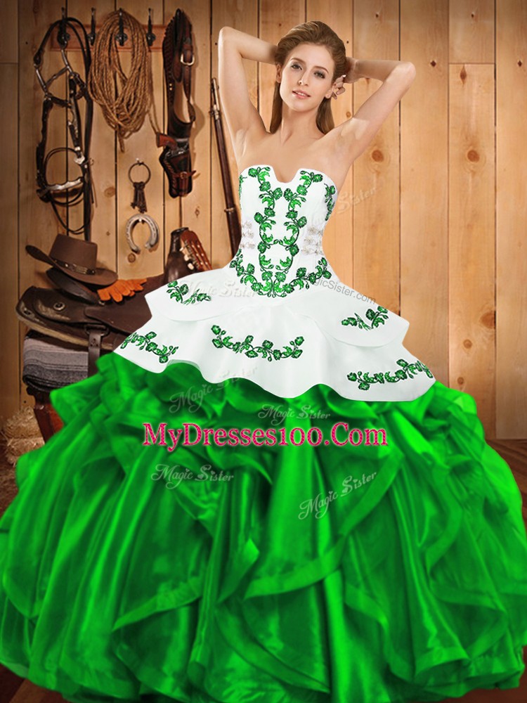Wonderful Green Ball Gowns Embroidery and Ruffles Sweet 16 Quinceanera Dress Lace Up Satin and Organza Sleeveless Floor Length