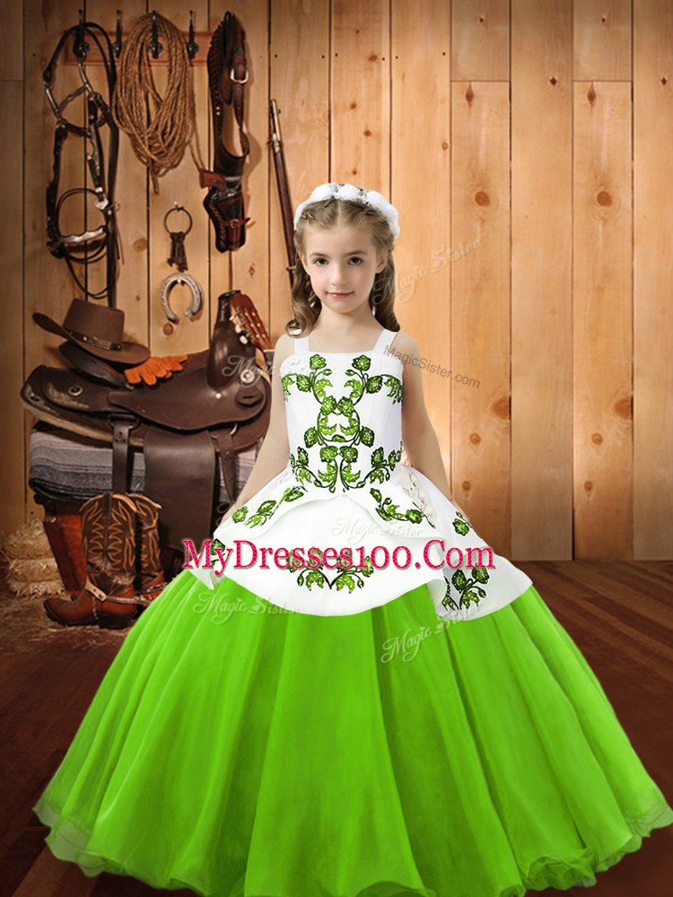 Embroidery Little Girls Pageant Gowns Lace Up Sleeveless Floor Length