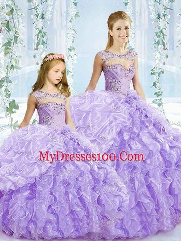 Lavender Ball Gowns Organza Scoop Sleeveless Beading and Ruffles Floor Length Lace Up Sweet 16 Dresses