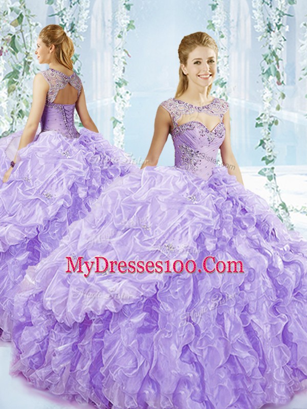 Lavender Ball Gowns Organza Scoop Sleeveless Beading and Ruffles Floor Length Lace Up Sweet 16 Dresses