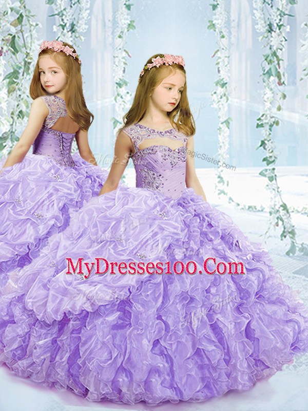Lavender Ball Gowns Organza Scoop Sleeveless Beading and Ruffles Floor Length Lace Up Sweet 16 Dresses