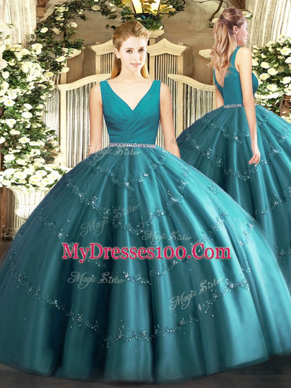 Sleeveless Floor Length Beading Zipper Quince Ball Gowns with Teal