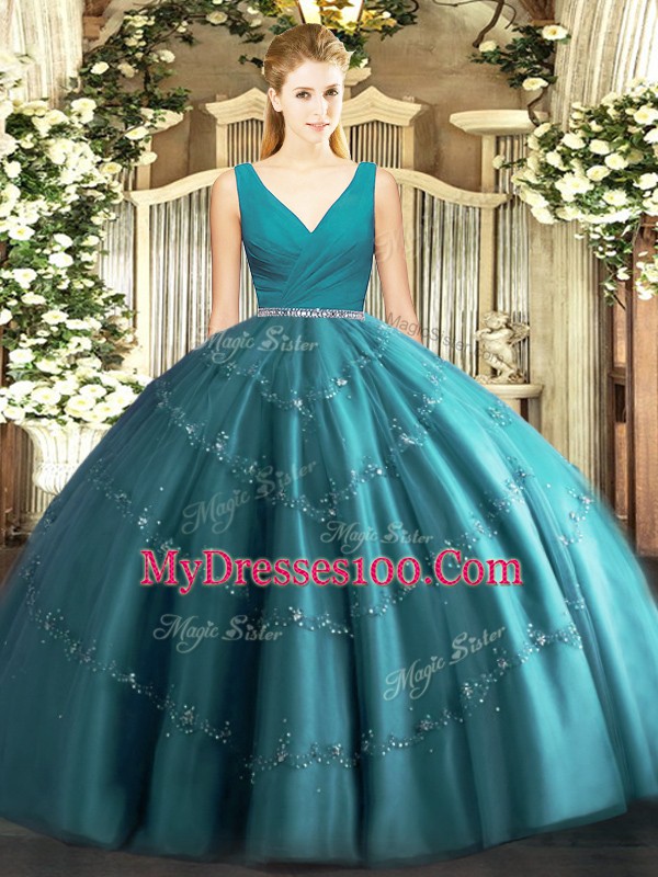 Sleeveless Floor Length Beading Zipper Quince Ball Gowns with Teal