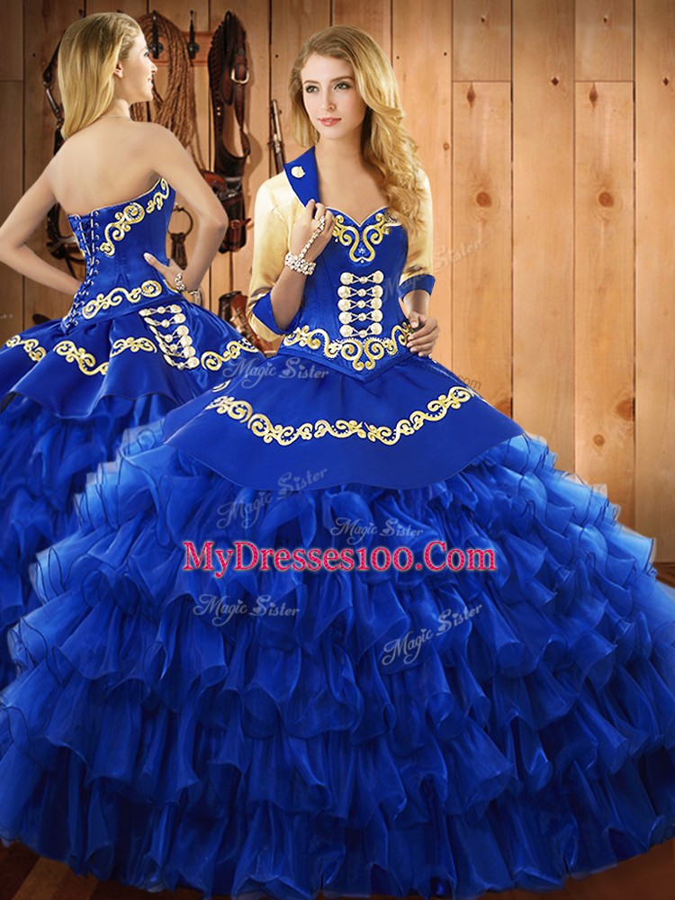 Custom Fit Sweetheart Sleeveless Lace Up Sweet 16 Dresses Blue Satin and Organza
