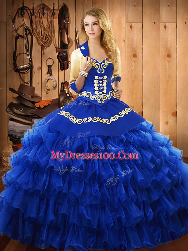 Custom Fit Sweetheart Sleeveless Lace Up Sweet 16 Dresses Blue Satin and Organza