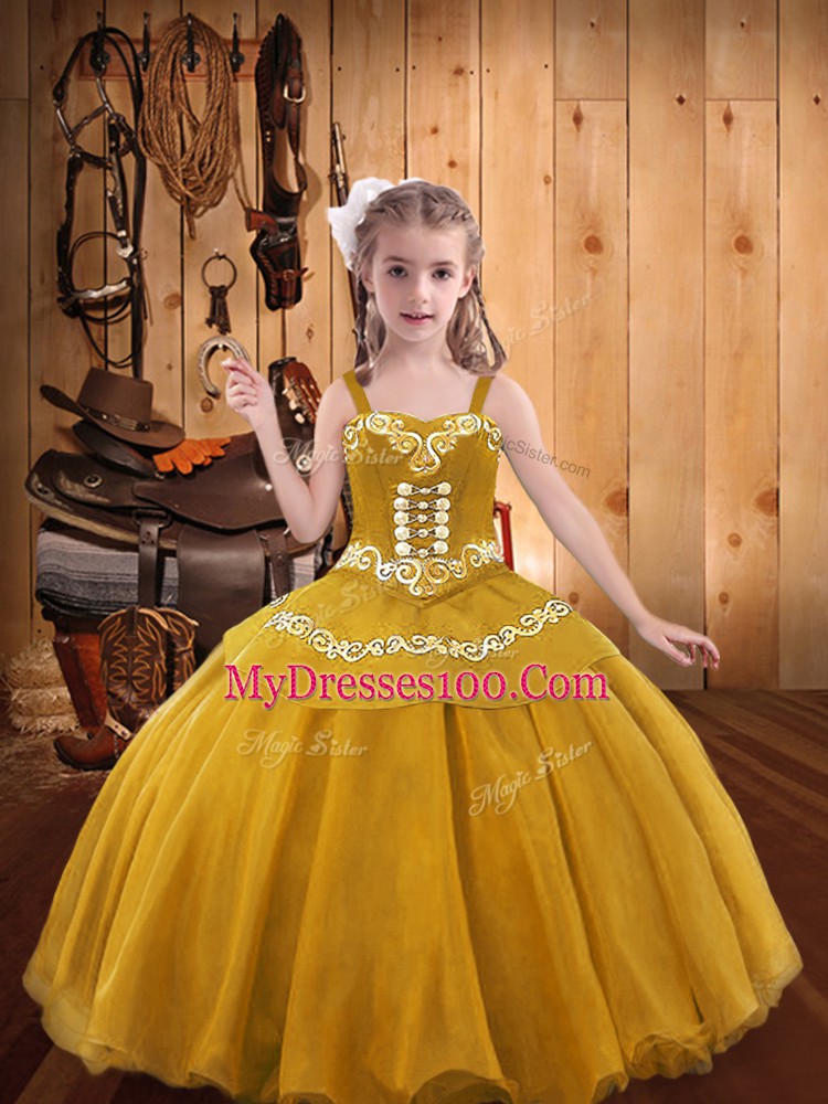 Adorable Gold Kids Formal Wear Party and Sweet 16 and Quinceanera and Wedding Party with Embroidery Straps Sleeveless Lace Up