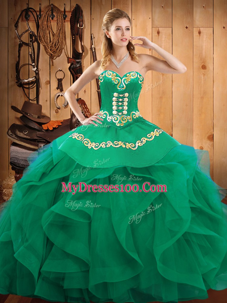 Sleeveless Organza Floor Length Lace Up Quinceanera Gowns in Turquoise with Embroidery and Ruffles