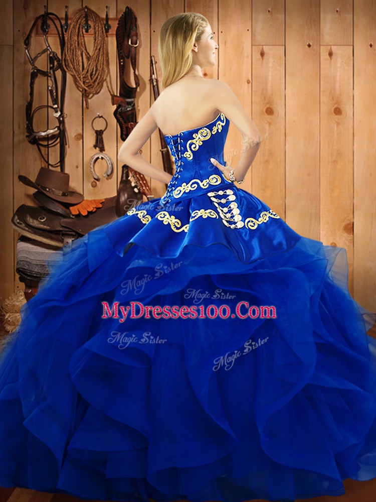 Sleeveless Organza Floor Length Lace Up Quinceanera Gowns in Turquoise with Embroidery and Ruffles