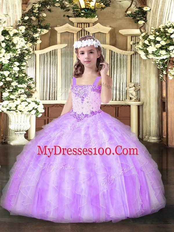 Classical Ball Gowns Kids Formal Wear Lilac Straps Organza Sleeveless Floor Length Lace Up