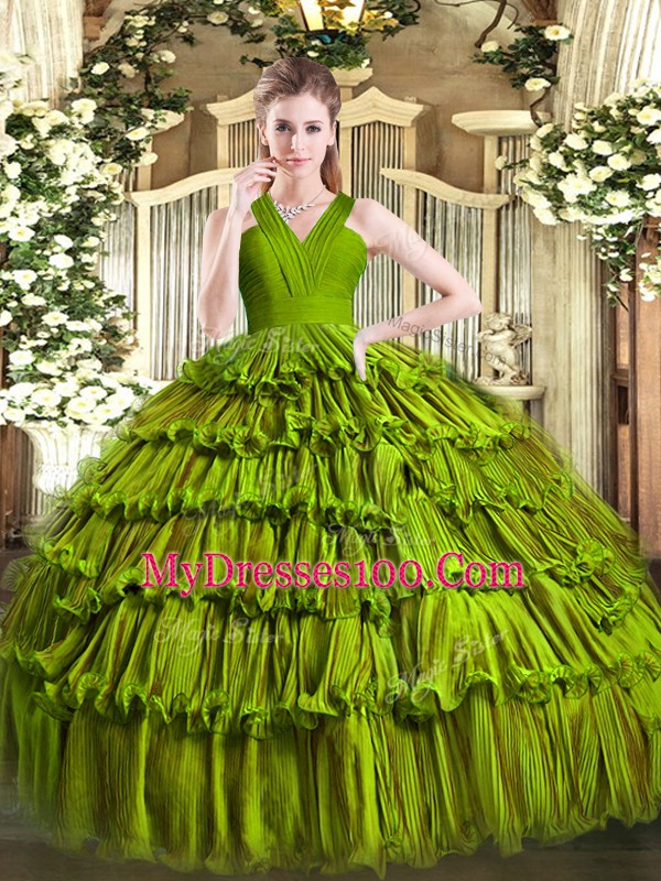 Ball Gowns Ball Gown Prom Dress Olive Green V-neck Organza Sleeveless Floor Length Zipper