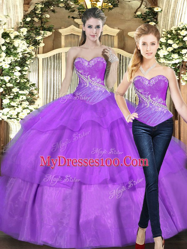 High Quality Sweetheart Sleeveless 15th Birthday Dress Floor Length Beading and Ruffled Layers Eggplant Purple Tulle