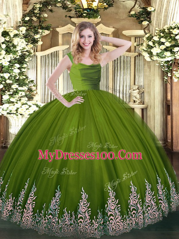 Ideal Olive Green Tulle Zipper Straps Sleeveless Floor Length Quinceanera Gown Beading and Appliques