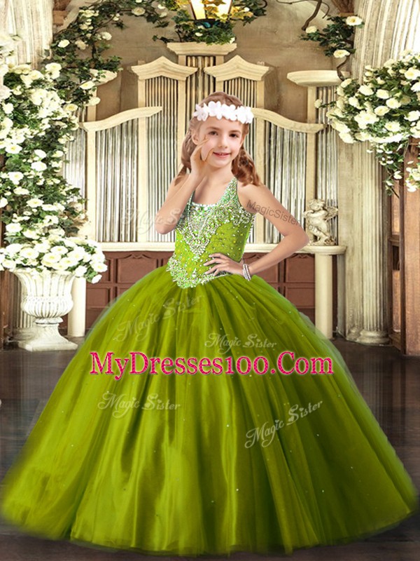 Olive Green Ball Gowns V-neck Sleeveless Tulle Floor Length Lace Up Beading Kids Formal Wear