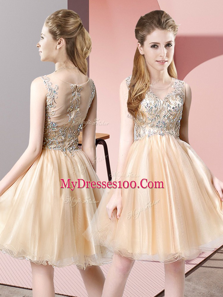 Fabulous Knee Length Champagne Prom Gown Scoop Sleeveless Zipper