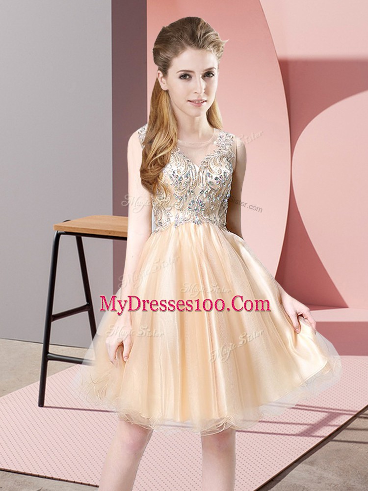 Fabulous Knee Length Champagne Prom Gown Scoop Sleeveless Zipper