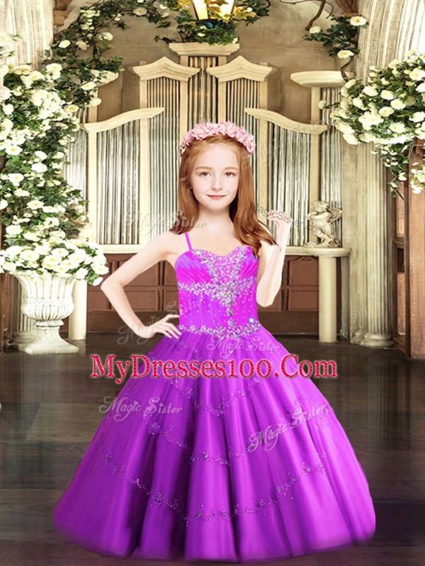 Fuchsia Ball Gowns Tulle Spaghetti Straps Sleeveless Beading Floor Length Lace Up Pageant Gowns For Girls