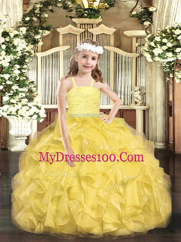 Glorious Gold Sleeveless Beading and Lace and Ruffles Floor Length Pageant Dress
