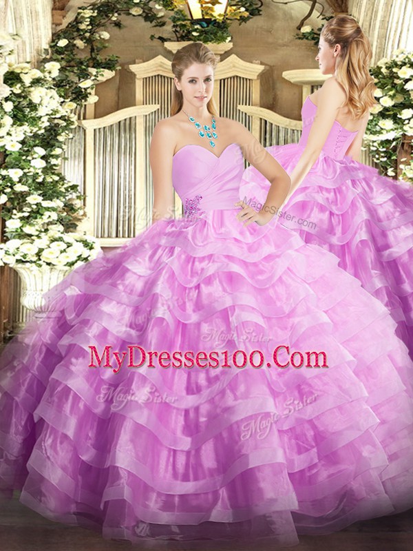 Exceptional Floor Length Lace Up Quince Ball Gowns Lilac for Military Ball and Sweet 16 and Quinceanera with Beading and Ruffled Layers