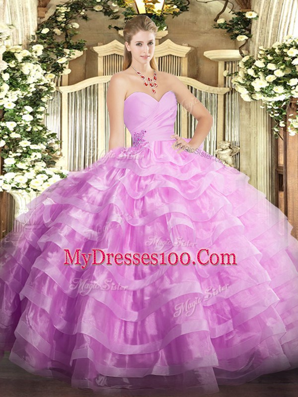 Exceptional Floor Length Lace Up Quince Ball Gowns Lilac for Military Ball and Sweet 16 and Quinceanera with Beading and Ruffled Layers