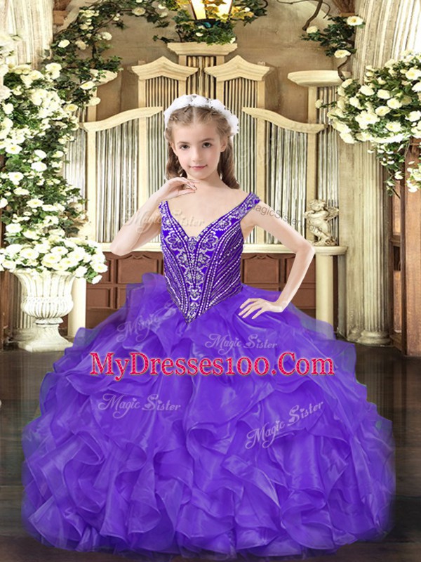Beading and Ruffles Pageant Dress for Womens Lavender Lace Up Sleeveless Floor Length