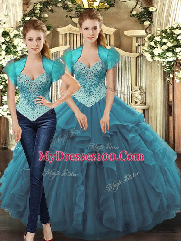 Popular Teal Sleeveless Beading and Ruffles Floor Length Quinceanera Dresses