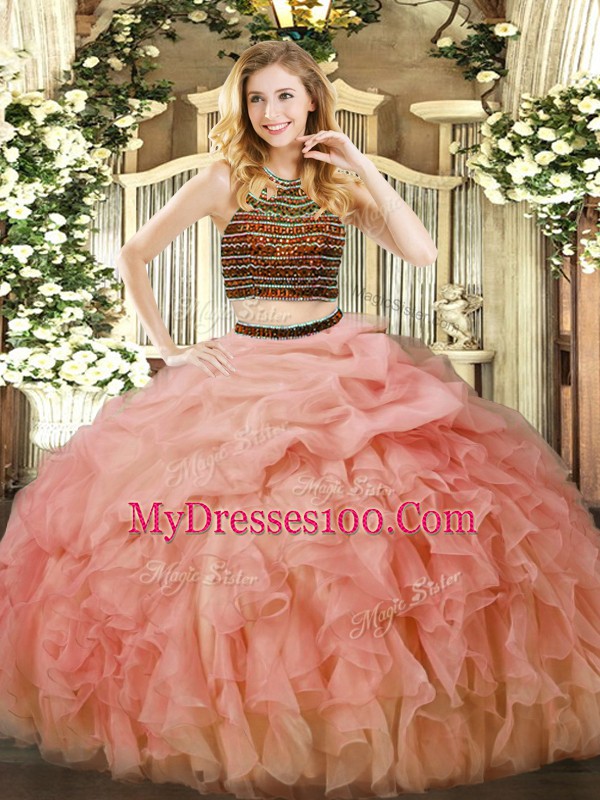 Custom Made Baby Pink Sleeveless Floor Length Beading and Ruffles Zipper Sweet 16 Dresses