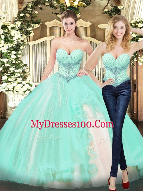 Romantic Two Pieces Vestidos de Quinceanera Apple Green Sweetheart Organza Sleeveless Floor Length Lace Up