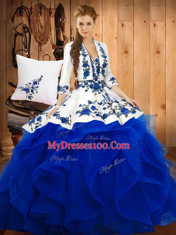Blue Ball Gowns Satin and Organza Sweetheart Sleeveless Embroidery Floor Length Lace Up 15 Quinceanera Dress