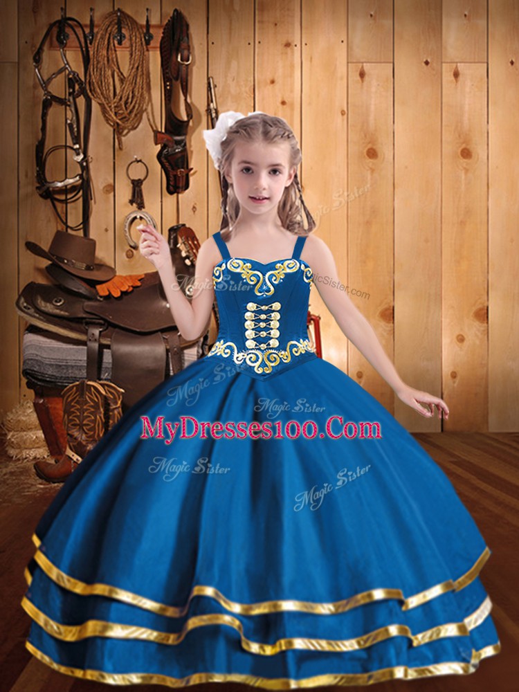 Straps Sleeveless Lace Up Pageant Dress for Girls Blue Organza