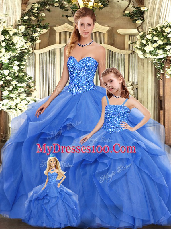 Blue Sweetheart Neckline Beading and Ruffles Quinceanera Gowns Sleeveless Lace Up