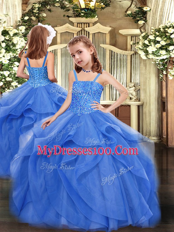 Blue Sweetheart Neckline Beading and Ruffles Quinceanera Gowns Sleeveless Lace Up