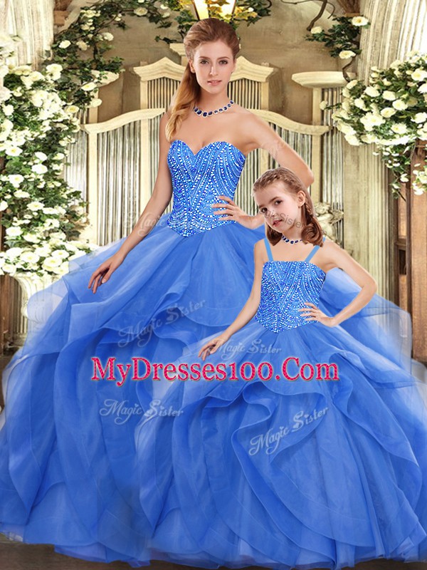 Blue Sweetheart Neckline Beading and Ruffles Quinceanera Gowns Sleeveless Lace Up