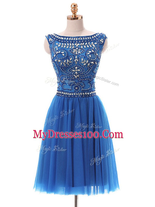 Deluxe Blue Empire Tulle Bateau Sleeveless Beading Mini Length Zipper Homecoming Dress