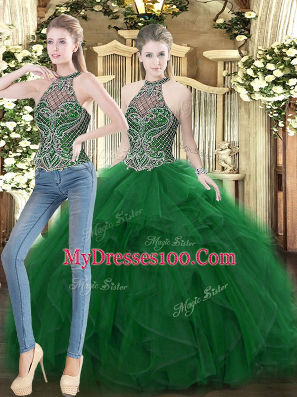 Amazing Dark Green Two Pieces High-neck Sleeveless Organza Floor Length Lace Up Beading and Ruffles Sweet 16 Dresses