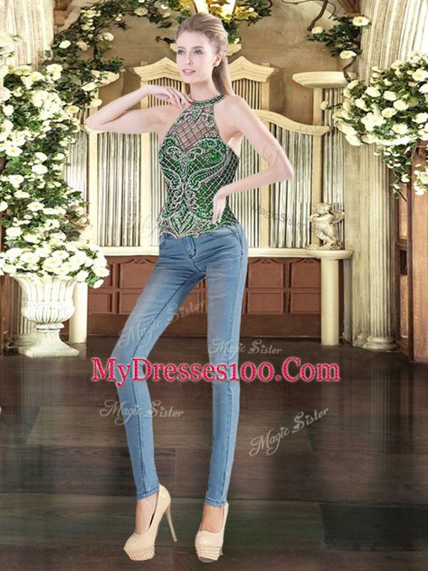 Amazing Dark Green Two Pieces High-neck Sleeveless Organza Floor Length Lace Up Beading and Ruffles Sweet 16 Dresses
