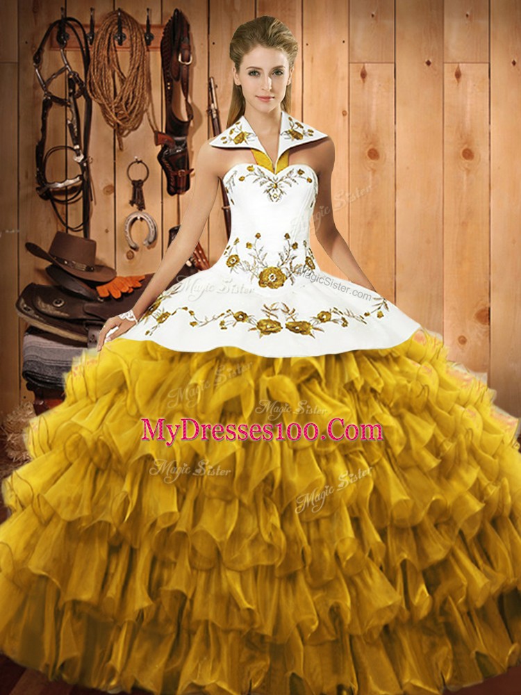 Colorful Sleeveless Lace Up Floor Length Embroidery and Ruffled Layers 15 Quinceanera Dress