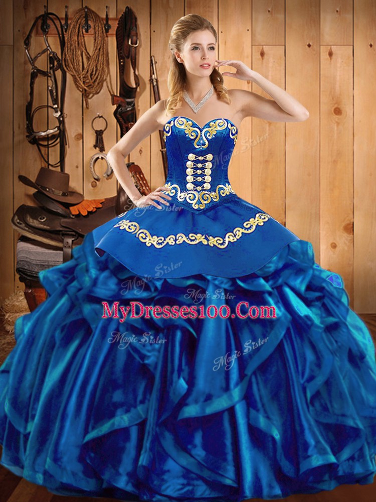 Noble Blue Organza Lace Up Sweetheart Sleeveless Floor Length Sweet 16 Dress Embroidery and Ruffles