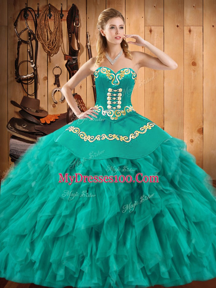 Delicate Turquoise Sweetheart Lace Up Embroidery and Ruffles Quinceanera Gown Sleeveless
