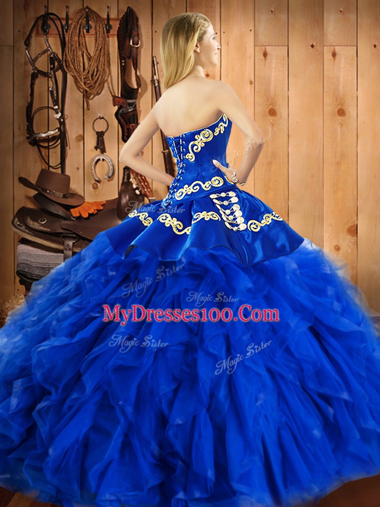 Delicate Turquoise Sweetheart Lace Up Embroidery and Ruffles Quinceanera Gown Sleeveless