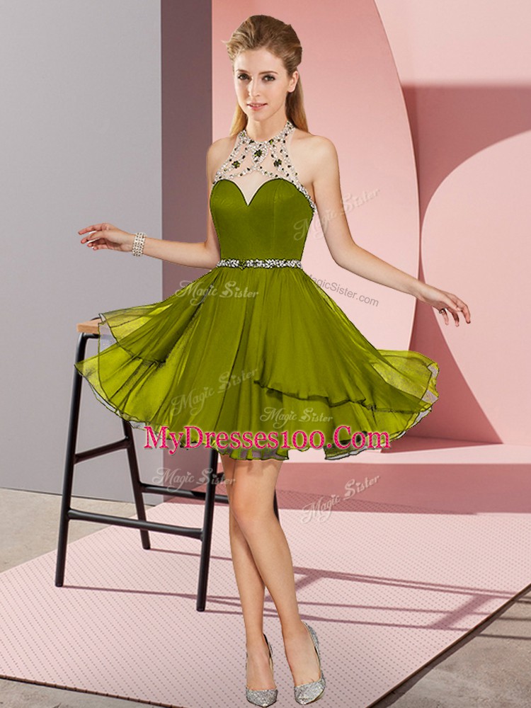 Custom Made Mini Length Empire Sleeveless Olive Green Prom Gown Zipper