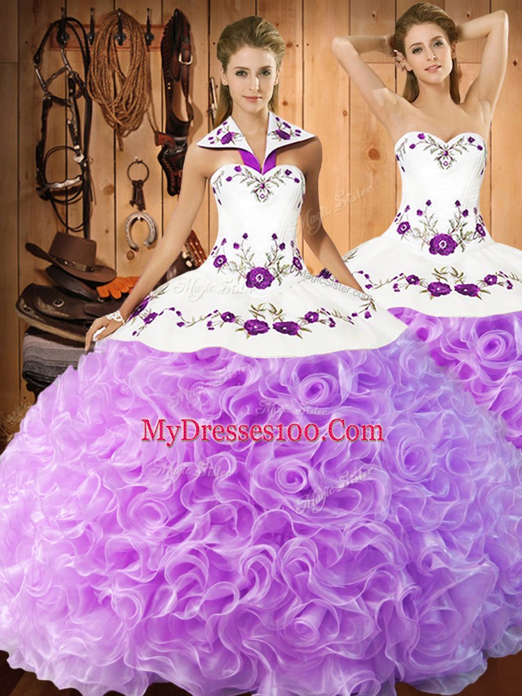 Floor Length Lilac Vestidos de Quinceanera Fabric With Rolling Flowers Sleeveless Embroidery