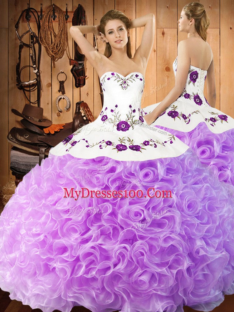 Floor Length Lilac Vestidos de Quinceanera Fabric With Rolling Flowers Sleeveless Embroidery