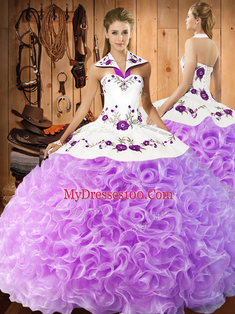 Floor Length Lilac Vestidos de Quinceanera Fabric With Rolling Flowers Sleeveless Embroidery
