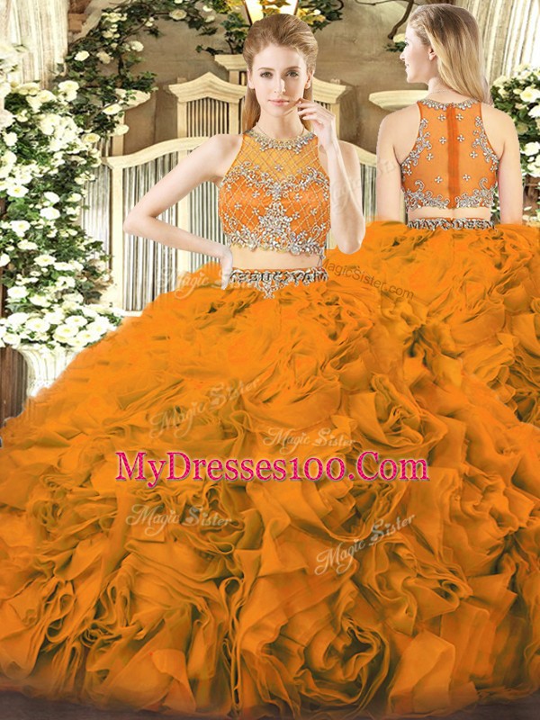 Orange Red Sleeveless Floor Length Beading Zipper Vestidos de Quinceanera
