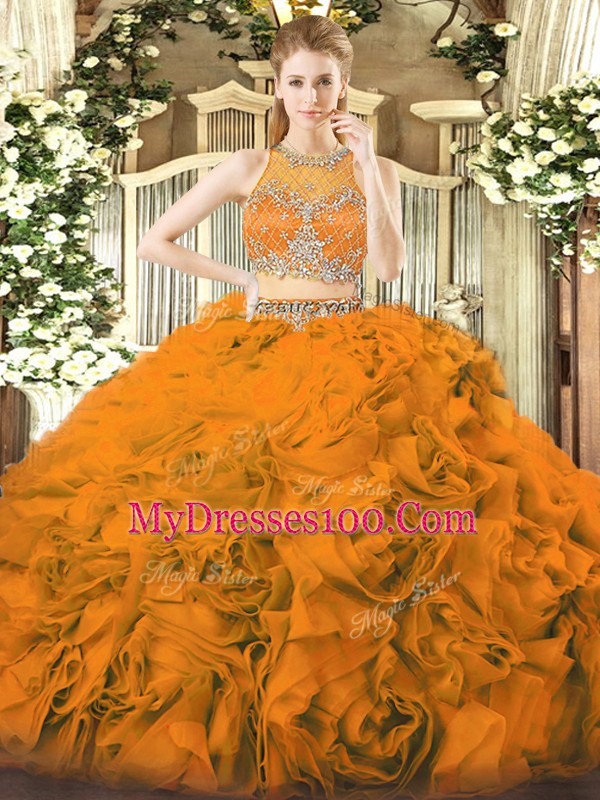 Orange Red Sleeveless Floor Length Beading Zipper Vestidos de Quinceanera