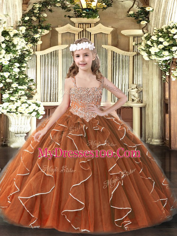 Gorgeous Floor Length Lace Up Pageant Dress Brown for Party and Sweet 16 and Quinceanera and Wedding Party with Beading and Ruffles